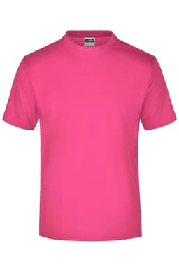 A pink t-shirt with a round neckline and short sleeves. The shirt has a logo on the label.