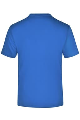 A blue T-shirt with a crew neck and short sleeves, featuring a logo on the back.