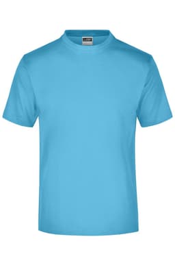 A light blue t-shirt featuring a round neck and short sleeves, with a brand logo on the label.