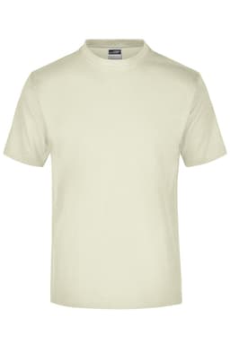 A plain cream T-shirt with a round neck and short sleeves, featuring a logo on the label.