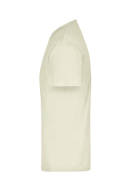 A cream-coloured T-shirt displayed from the side, featuring a simple design and a visible logo.