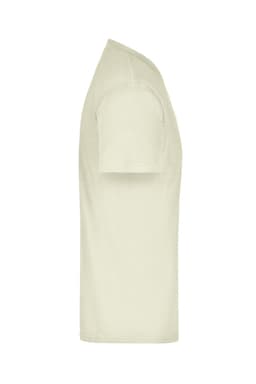 A light beige t-shirt, featuring short sleeves and a classic round neckline, displayed from the side.