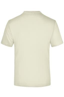 A plain light beige T-shirt with a round neck and short sleeves. The back view shows no additional design or logo.