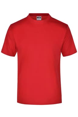 A red t-shirt with a standard crew neckline and short sleeves, featuring a logo on the inside label.