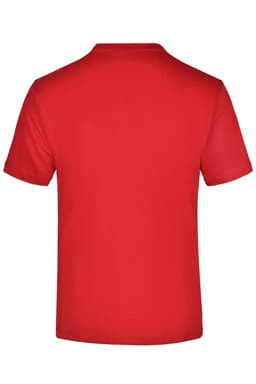 A red T-shirt with a plain back and short sleeves, featuring a logo.