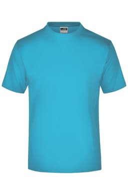 A medium-sized t-shirt in a vibrant turquoise colour, featuring a simple design and a logo on the label.