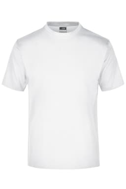 A plain white T-shirt with short sleeves and a round neck, featuring a branding logo on the label.