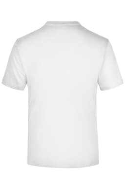A plain white t-shirt, short-sleeved, with a simple back design and no visible logos.
