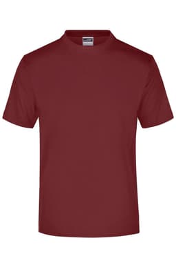A round-neck, short-sleeved medium t-shirt in a deep burgundy colour, featuring a logo on the neck label.