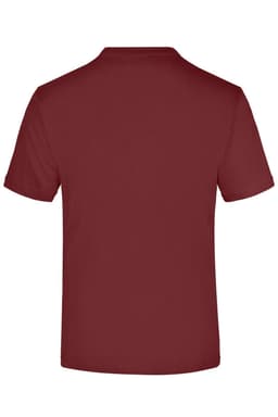 A burgundy T-shirt with a round neckline and short sleeves. The back view highlights its simple design and fit.