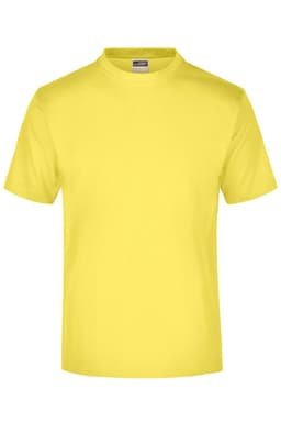 A yellow T-shirt with a round neck and short sleeves, featuring a label inside.