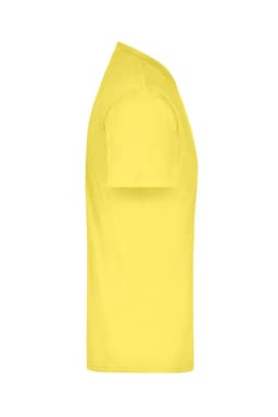 A yellow T-shirt in a side view, featuring a standard fit and short sleeves, with a visible logo.