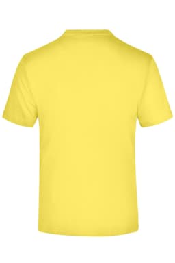 A yellow T-shirt with a round neck and short sleeves, featuring a logo on the back.
