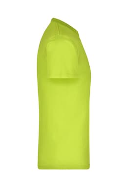 A side view of a bright yellow t-shirt, featuring a logo on the fabric.