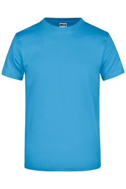 A blue t-shirt with a round neck and short sleeves. The shirt features a label and a logo on the inside.