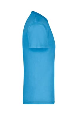 A vibrant blue t-shirt displayed from the side, featuring short sleeves and a simple design. It has a logo.