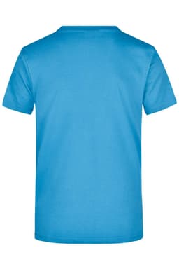A bright blue T-shirt featuring a plain back design and a logo. Suitable for casual wear.