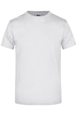 A plain, light grey t-shirt with short sleeves, featuring a branded label.