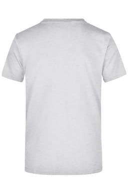 A grey T-shirt with a classic crew neck and short sleeves, featuring a branding logo on the back.