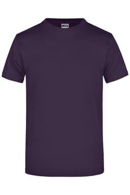 A plain purple t-shirt with short sleeves and a round neck, featuring a logo on the neckline.