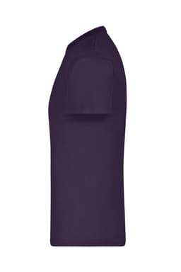 A purple t-shirt displayed in a side view, featuring short sleeves and a smooth finish. Includes a logo.