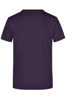 A plain purple T-shirt with a round neckline and short sleeves, featuring a branding logo on the back.