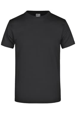 A black short-sleeve t-shirt with a crew neck and a logo on the label.