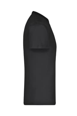 A black round T-shirt with short sleeves and a fitted design, featuring a logo on the side.
