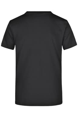 A black t-shirt with a simple round neck and short sleeves, featuring a logo on the back.