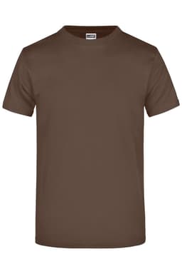 A brown round-neck t-shirt featuring short sleeves and a plain design, with a logo present.