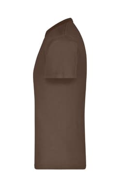 A brown T-shirt displayed from the side, featuring a smooth fabric and a logo on it.