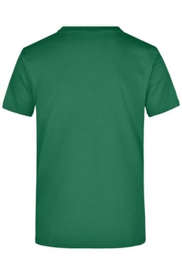 A green T-shirt with a plain back, featuring a round neck and short sleeves. It has a logo.