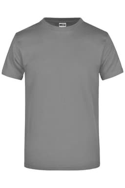 A grey T-shirt with a round neck and short sleeves, featuring a branding logo.