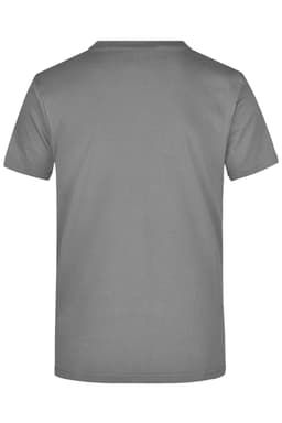 A grey T-shirt featuring a simple design and a logo on the back.