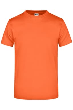 An orange short-sleeve T-shirt featuring a logo.