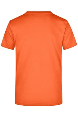 An orange t-shirt with a round neck and short sleeves, featuring a logo on the back.