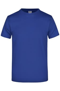 A blue round-neck t-shirt with short sleeves and a plain design, featuring a logo on the label.