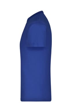A blue t-shirt with a classic crew neck design, featuring a side profile view. It has a logo on the garment.