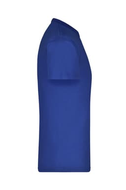 A side view of a blue T-shirt, featuring a plain design and a fitted silhouette. It has a logo on the front.