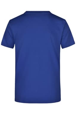 A blue round-neck t-shirt with short sleeves, featuring a plain back and a logo.