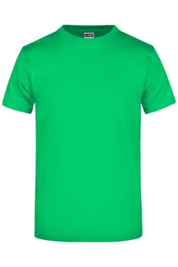 A bright green T-shirt featuring a round neckline and short sleeves, with a logo on the label.