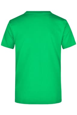 A green T-shirt with a crew neck and short sleeves, featuring a logo on the back.