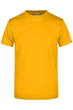 A plain yellow T-shirt with a crew neck and short sleeves, featuring a logo on the label.