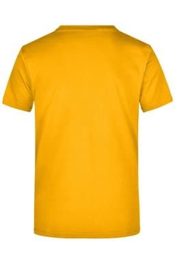 A yellow T-shirt featuring a plain back view. The shirt has a logo or branding on it.