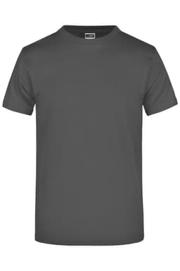 A grey t-shirt featuring a simple design and a branding logo on the label.
