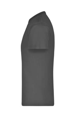 A side view of a grey t-shirt featuring a round neckline, short sleeves, and a logo on the fabric.