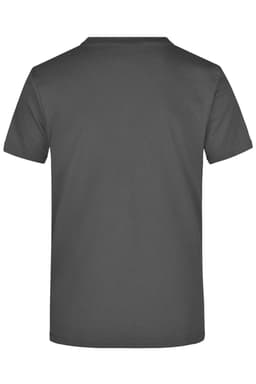 A grey t-shirt with a round neck and short sleeves, featuring a logo on the back.