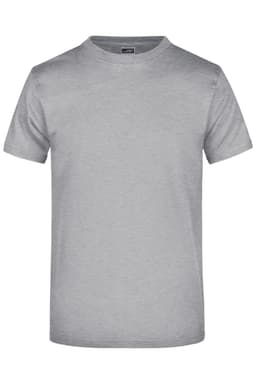 A grey t-shirt with a round neck and short sleeves, featuring a logo on the label.