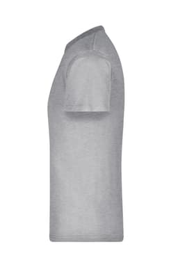 A grey round-neck t-shirt featuring short sleeves and a fitted silhouette, with a branding logo present.