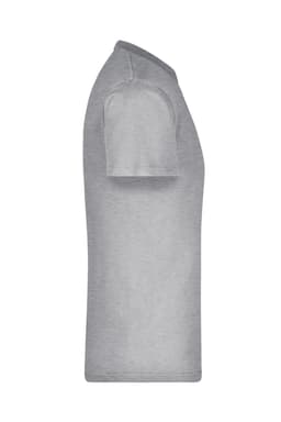 A grey T-shirt featuring a round neck and short sleeves, with a logo on the display.